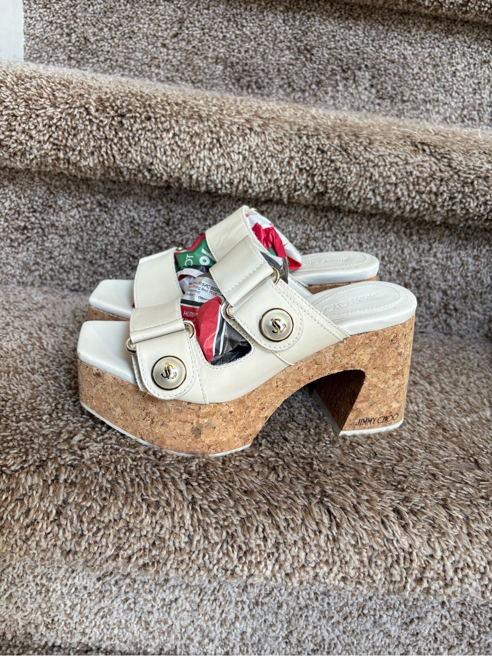 Jimmy Choo Women’s Cream Leather Cork Platform Mules